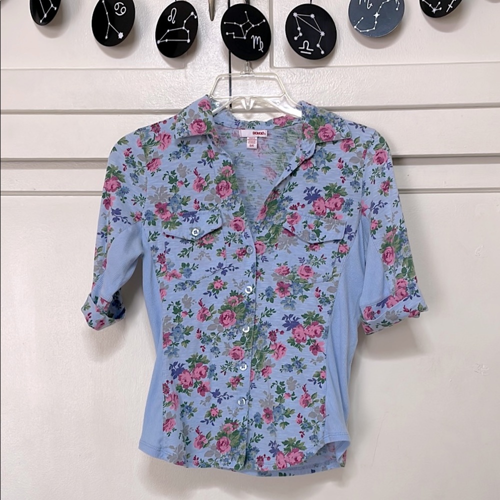 Bongo Light Blue Floral Button Down Blouse